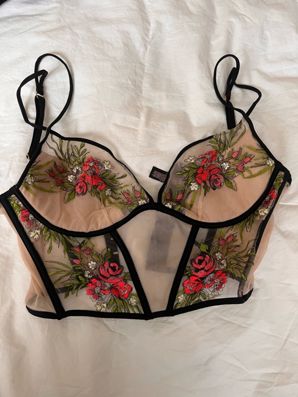 Victoria's Secret Nude Sheer Bustier Bralette with Red Floral Embroidery